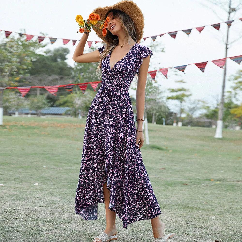 New Style Elegant Long Dress Women's Short-sleeved V-neck Bohemian Strappy Holiday Dress