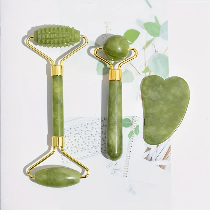 Gift,4-in-1 Jade Roller and Gua Sha Set. Roller with Eye Massager, Jade Gua Sha, Ridged Roller Massager. Jade Roller For Face.
