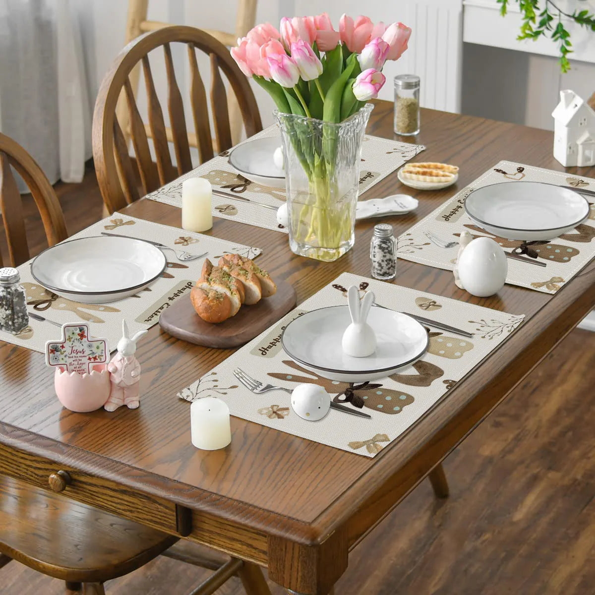 2025 Easter Rabbit Table Runner Linen Bunny Dining Table Cloth Placemat Spring Holiday Happy Easter Decoration For Home Kitchen