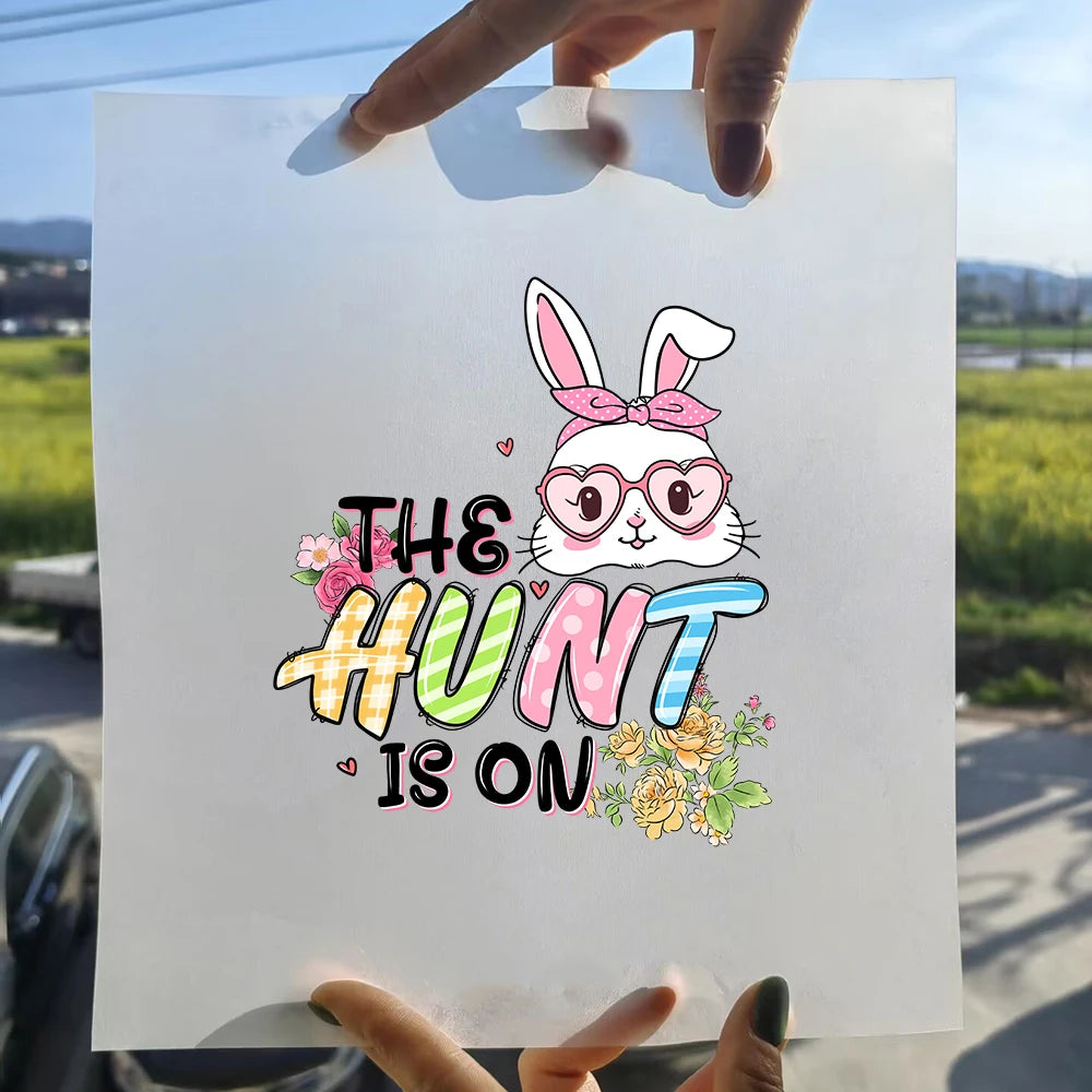 15cm New Easter Egg Rabbit Iron On Heat Transfer Stickers For Clothes DTF Pinted Vinyl Thermal Appliques Washable T-Shirt Decal