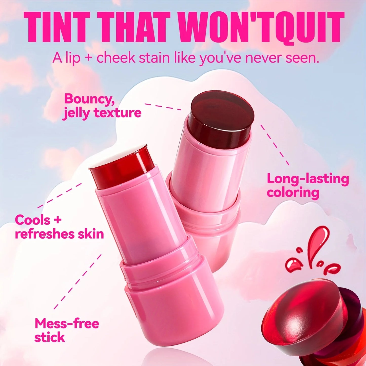 Jelly Blush Stick Lip and Cheek Stick, Multi-purpose Jelly Tint Jelly Blush, Blush Cooling Water Tint Sheer Lip & Cheek Stain