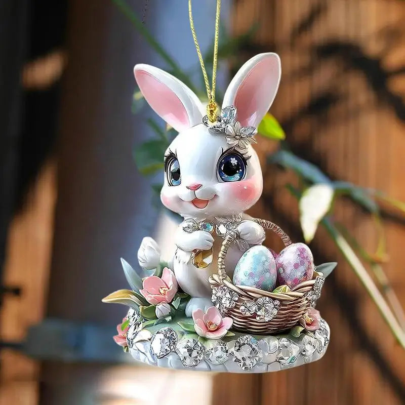 1PC Easter Bunny Egg Acrylic 2D Flat Pendant Keychain Car Rearview Mirror Decoration Backpack Small Hanging Party Home Decor