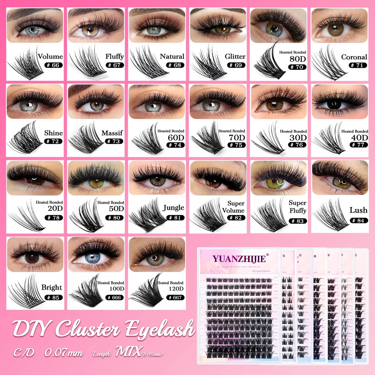 YUANZHIJIE Mix Length Fluffy Individual DIY Clusters Eyelash Extension C D Curl 144 pcs Natural Segmented Eyelash Makeup Tools