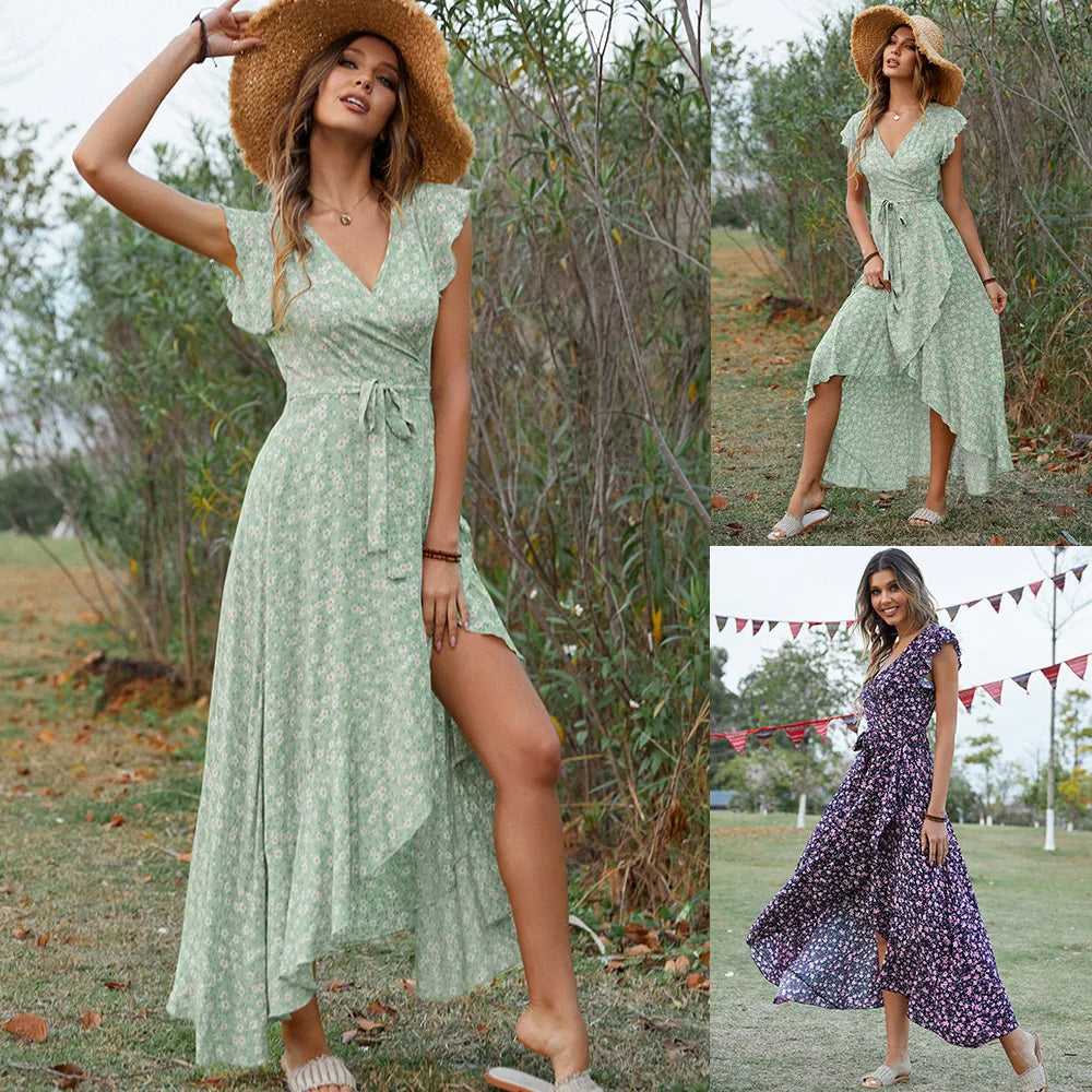 New Style Elegant Long Dress Women's Short-sleeved V-neck Bohemian Strappy Holiday Dress