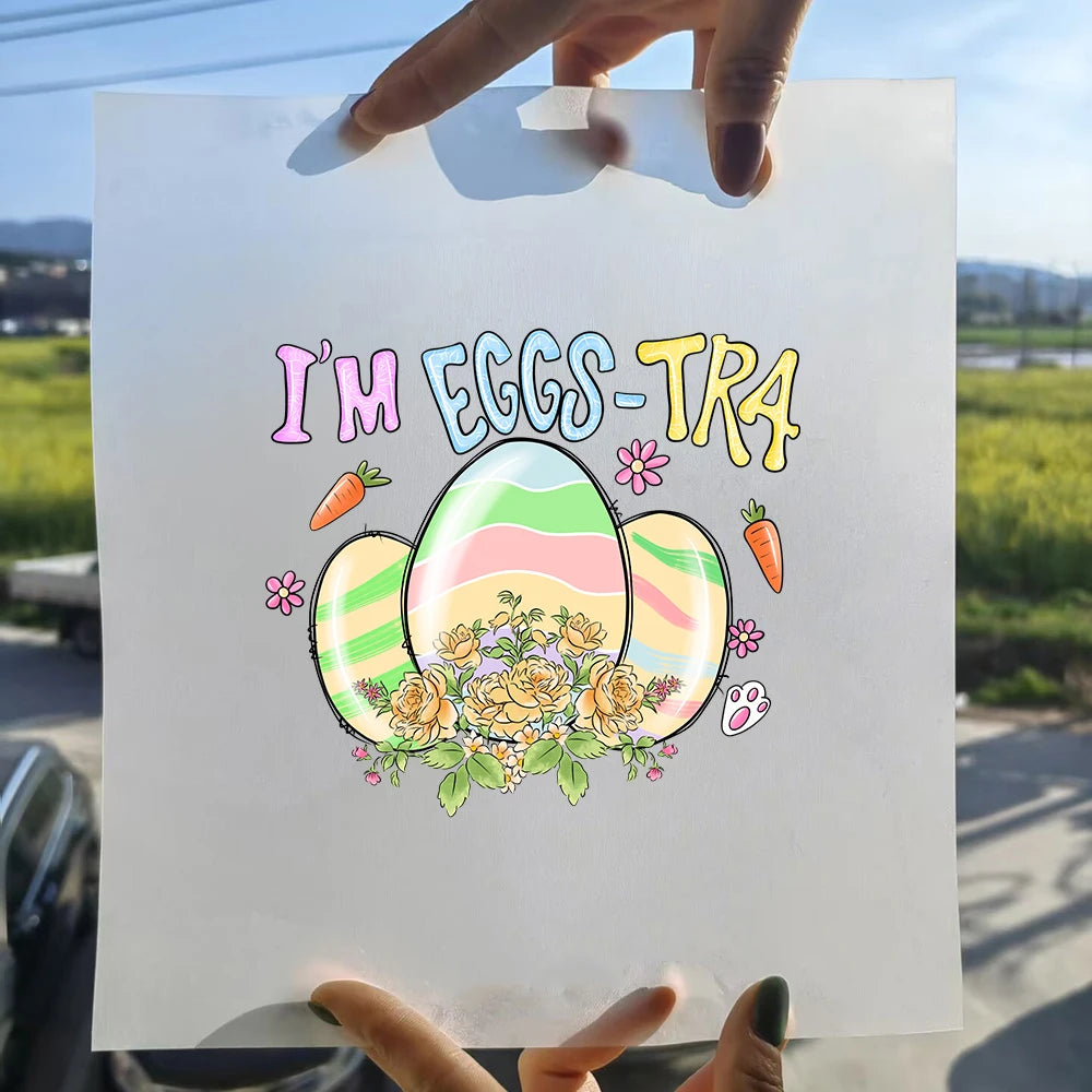 15cm New Easter Egg Rabbit Iron On Heat Transfer Stickers For Clothes DTF Pinted Vinyl Thermal Appliques Washable T-Shirt Decal