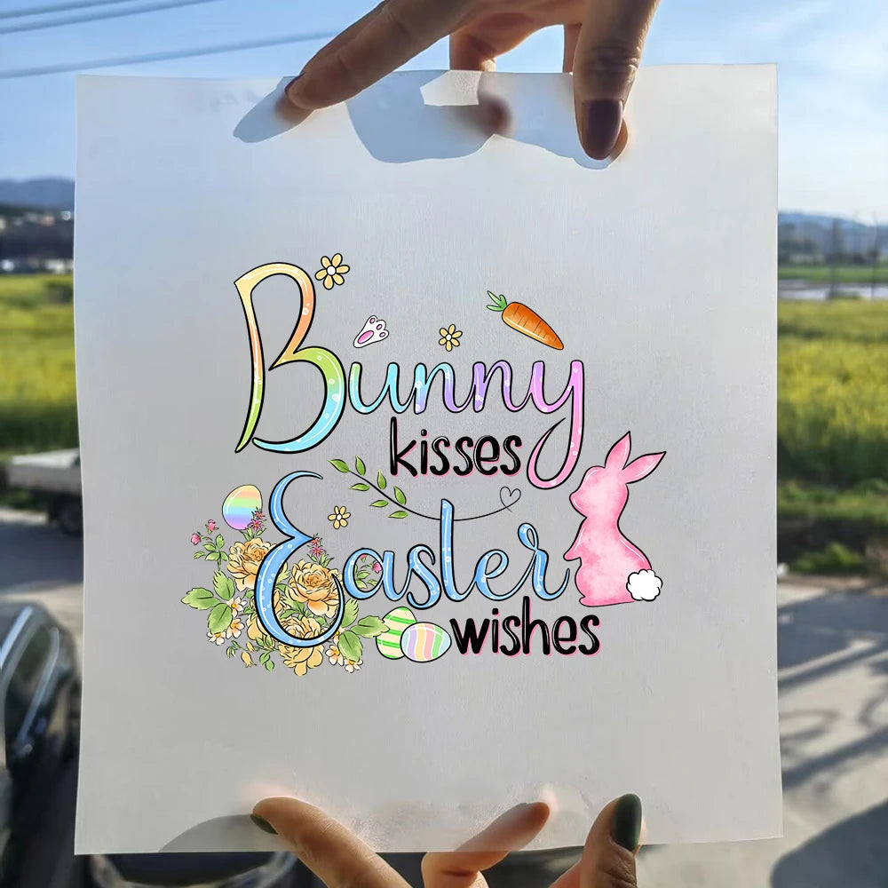 15cm New Easter Egg Rabbit Iron On Heat Transfer Stickers For Clothes DTF Pinted Vinyl Thermal Appliques Washable T-Shirt Decal