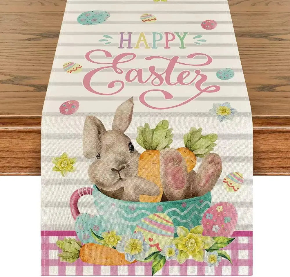 2025 Easter Rabbit Table Runner Linen Bunny Dining Table Cloth Placemat Spring Holiday Happy Easter Decoration For Home Kitchen