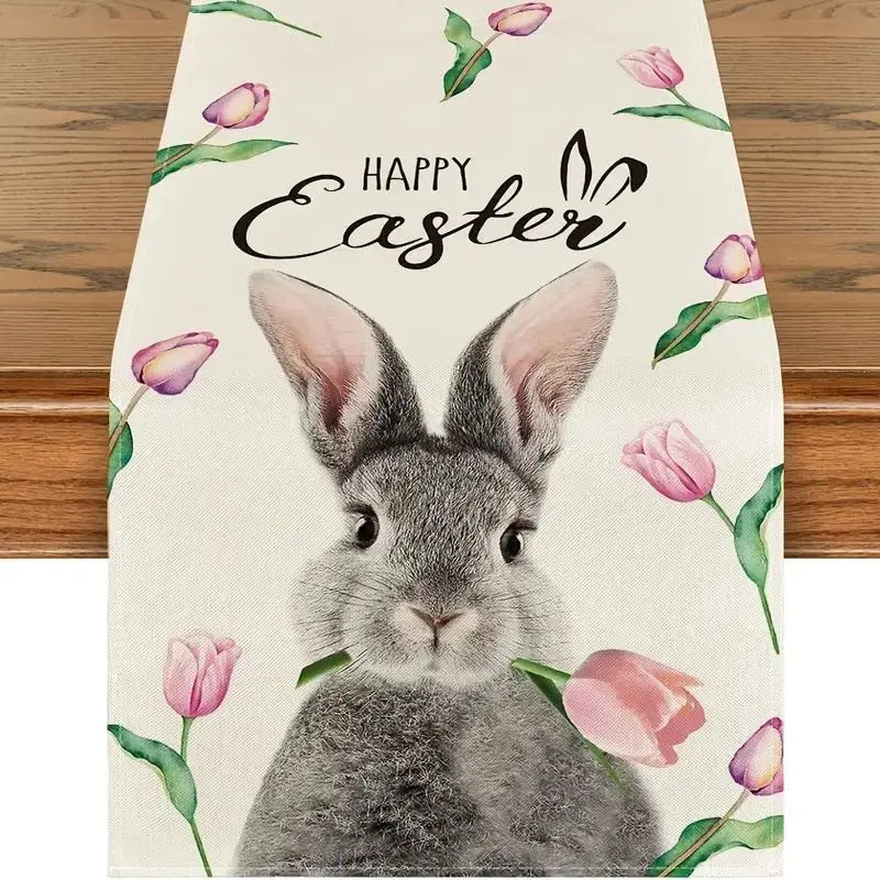 2025 Easter Rabbit Table Runner Linen Bunny Dining Table Cloth Placemat Spring Holiday Happy Easter Decoration For Home Kitchen