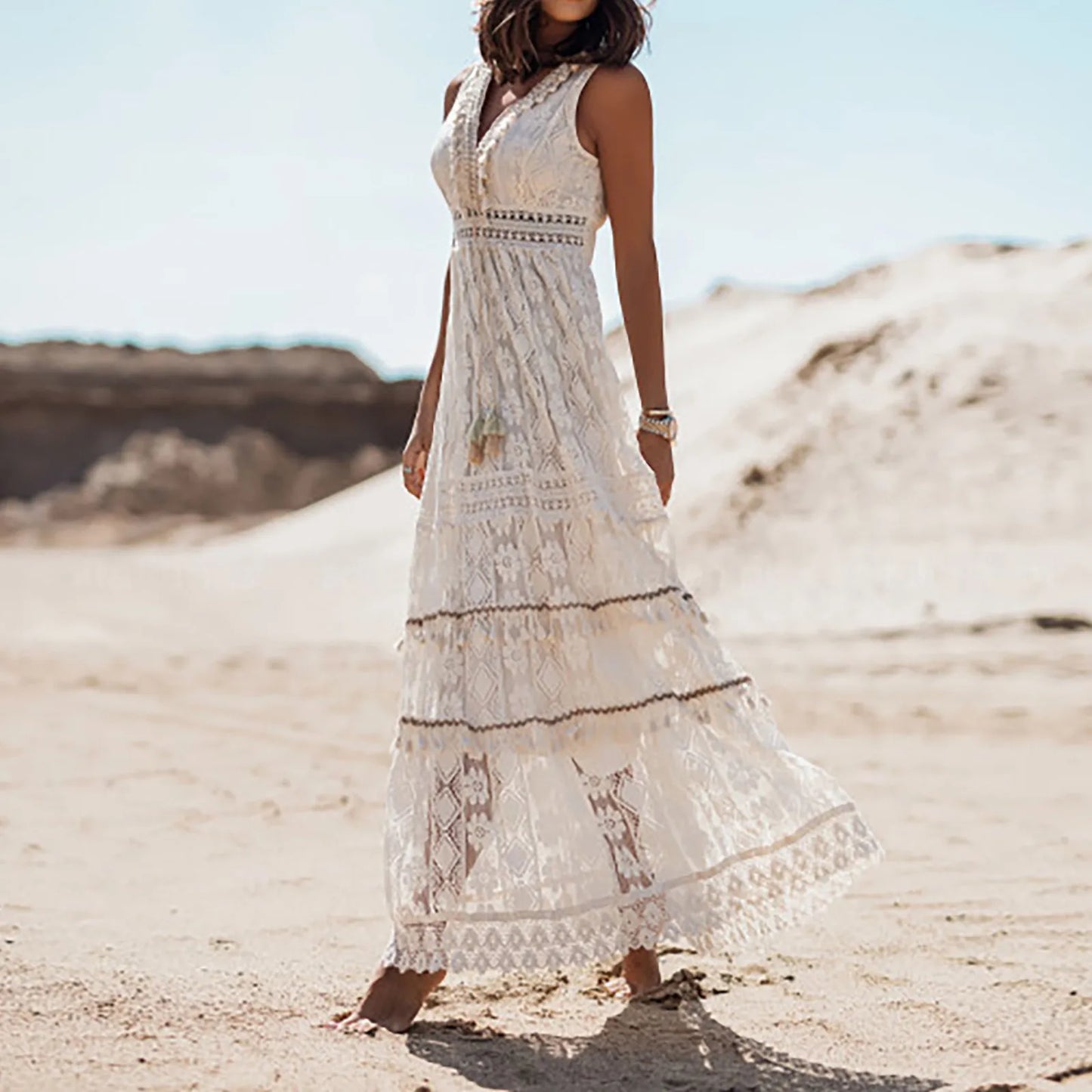 Women's Bohemian Beach Dress Translucent Ethnic Style Tassels Boho Dress Vestidos Solid Cover Ups Swimwear High Waist Long Dress