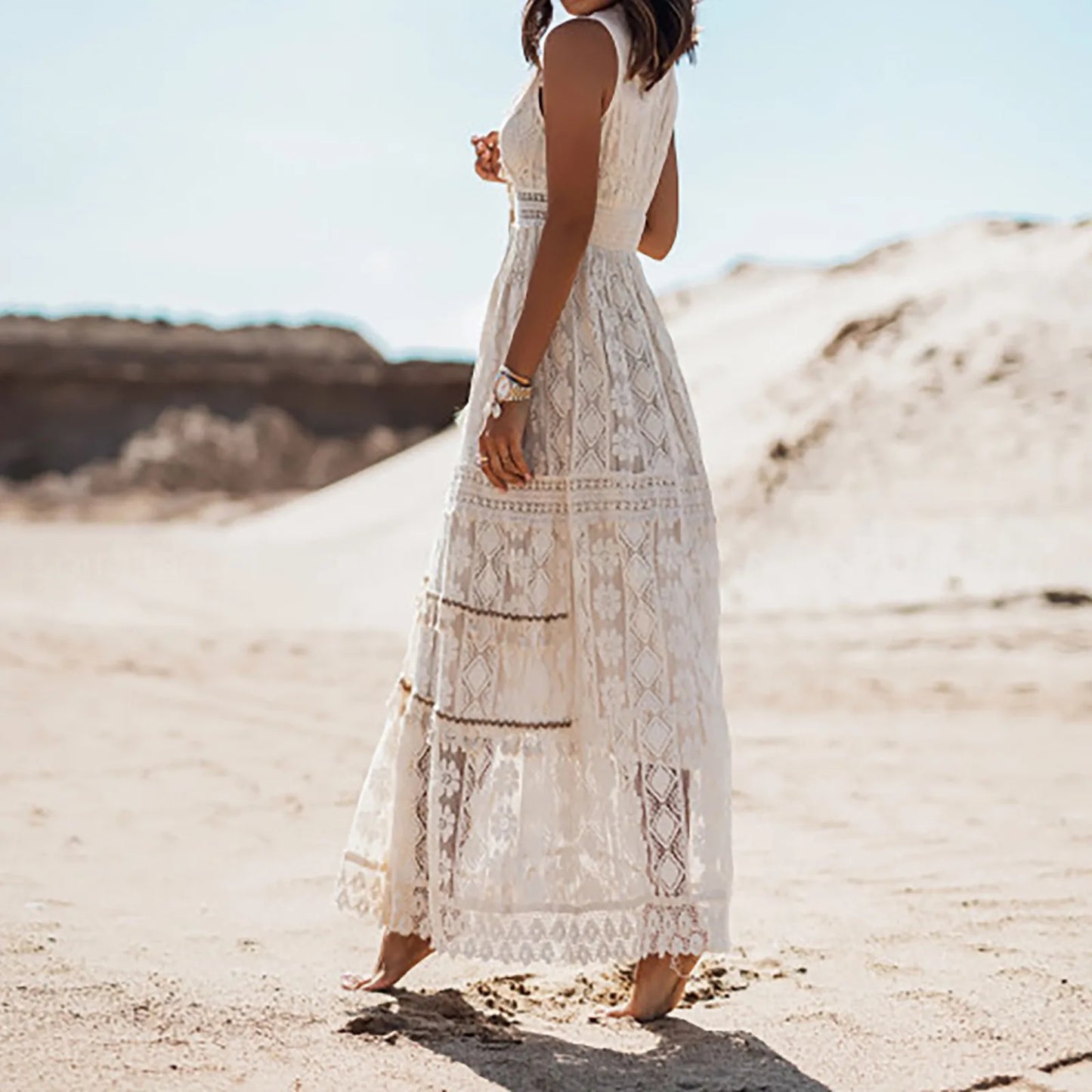 Women's Bohemian Beach Dress Translucent Ethnic Style Tassels Boho Dress Vestidos Solid Cover Ups Swimwear High Waist Long Dress