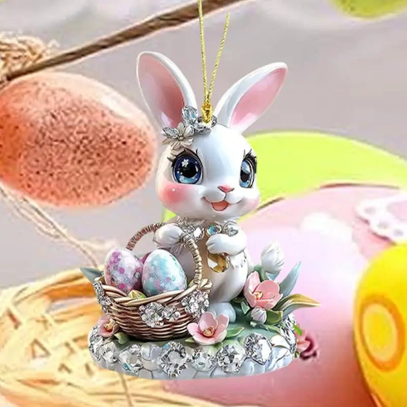 1PC Easter Bunny Egg Acrylic 2D Flat Pendant Keychain Car Rearview Mirror Decoration Backpack Small Hanging Party Home Decor